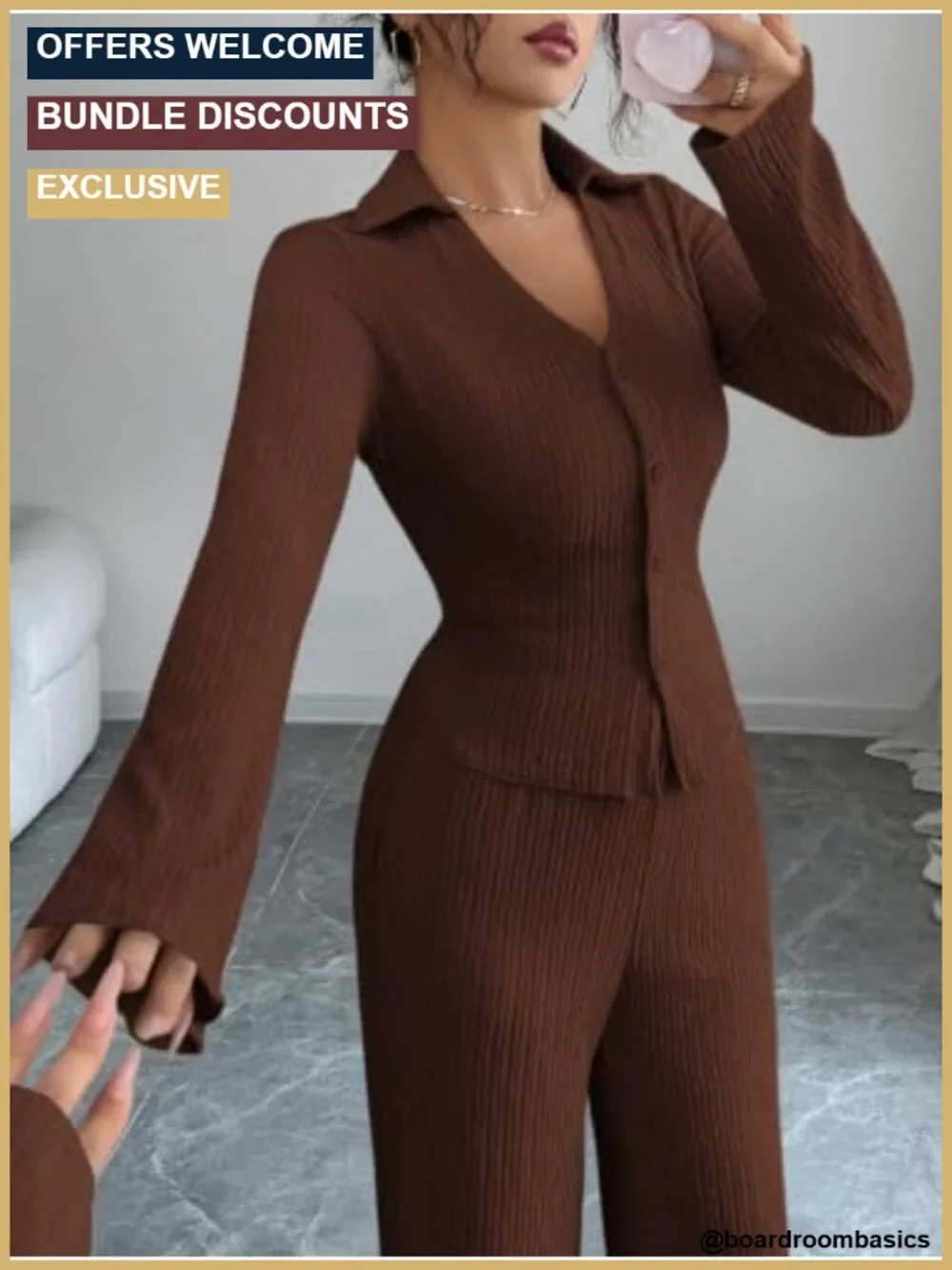 Women's Two Piece Lounge Set Collared Button Top Wide Leg Pants